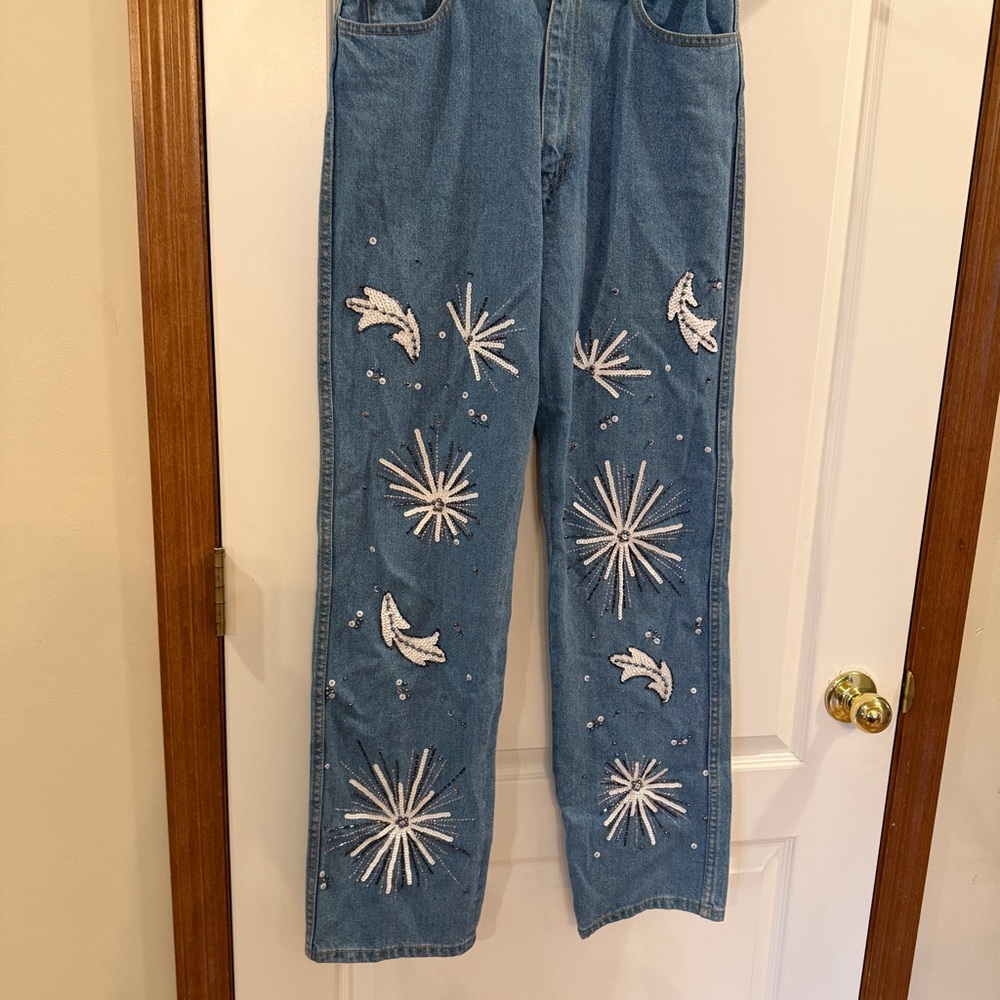 Adrianna Papell Evening Essentials Blue Embellished Straight Leg Jeans - Picture 7 of 14